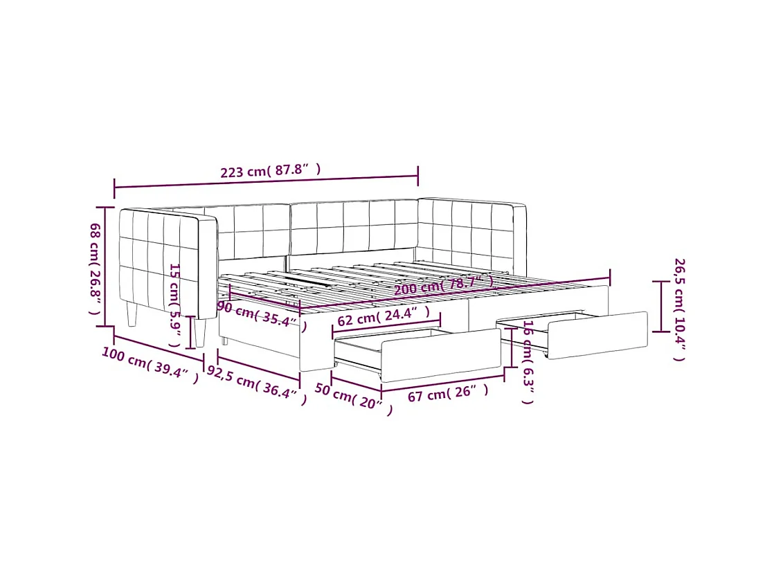 Lit de jour avec gigogne et tiroirs sans matelas 90x200 cm