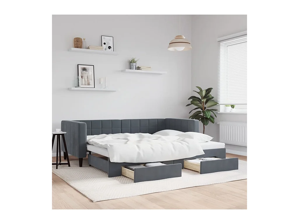 Divano Letto Estraibile Cassetti Grigio Scuro 90x200cm Velluto
