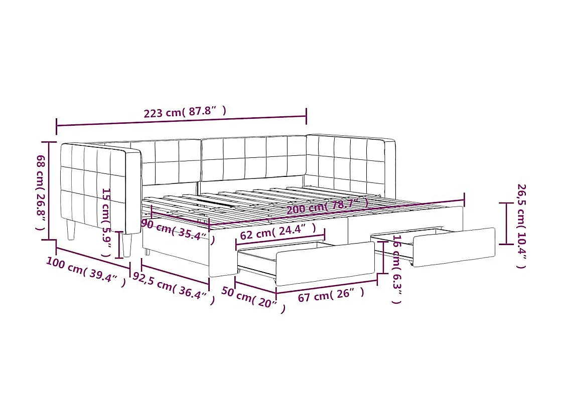 Lit de jour avec gigogne et tiroirs sans matelas 90x200 cm