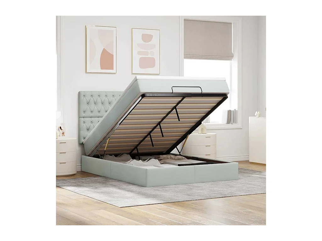 Cadre de lit ottoman et matelas gris clair 140x190 velours