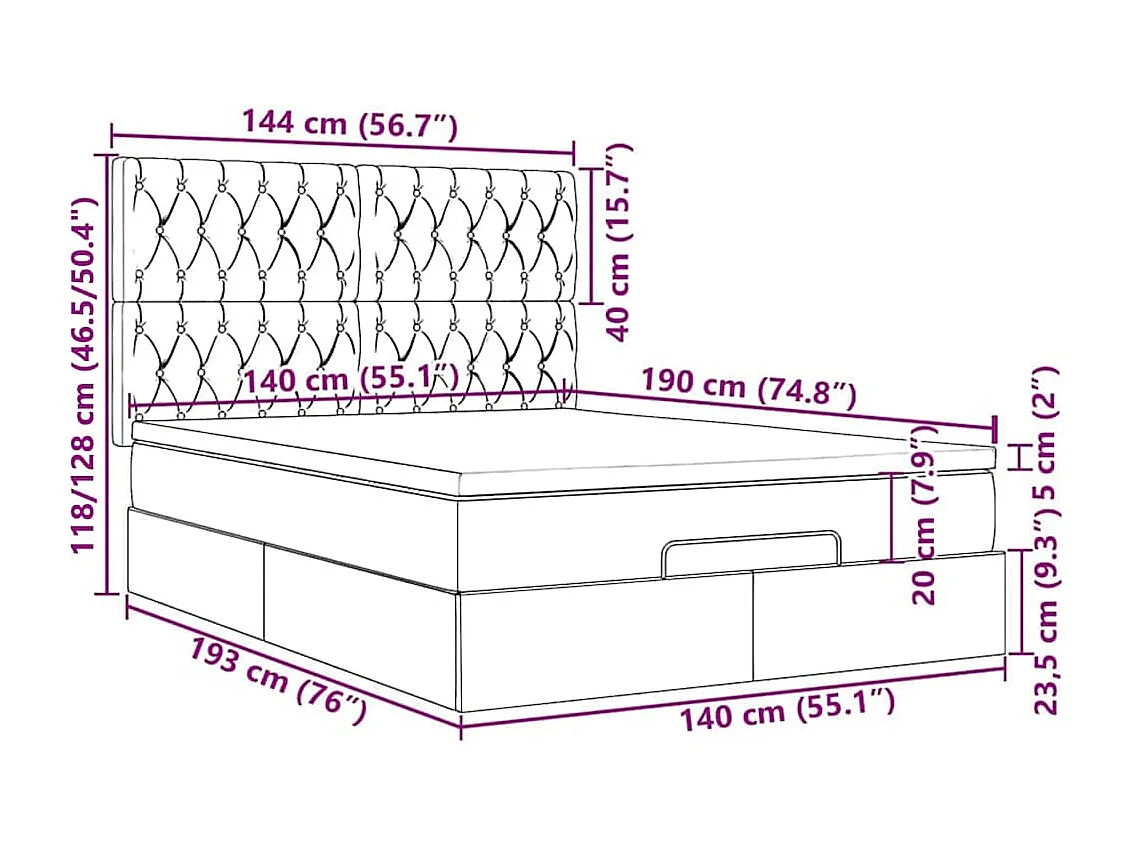 Cadre de lit ottoman et matelas gris clair 140x190 velours