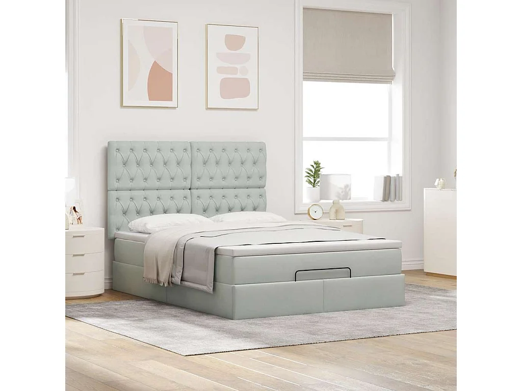 Cadre de lit ottoman et matelas gris clair 140x190 velours