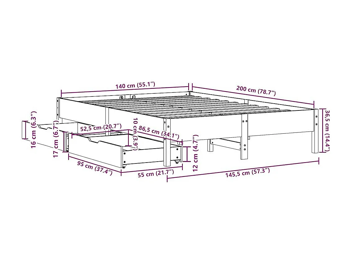 Bedframe zonder matras massief grenenhout wit 140x200 cm
