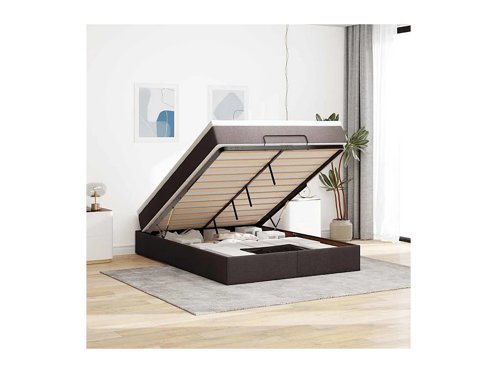 Cadre de lit ottoman avec matelas marron foncé 140x190 cm tissu