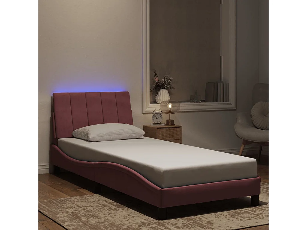 Bedframe met LED zonder matras "Hanko"  fluweel roze 90x190 cm