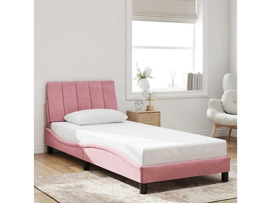 Bedframe met LED zonder matras "Hanko" fluweel roze 90x190 cm