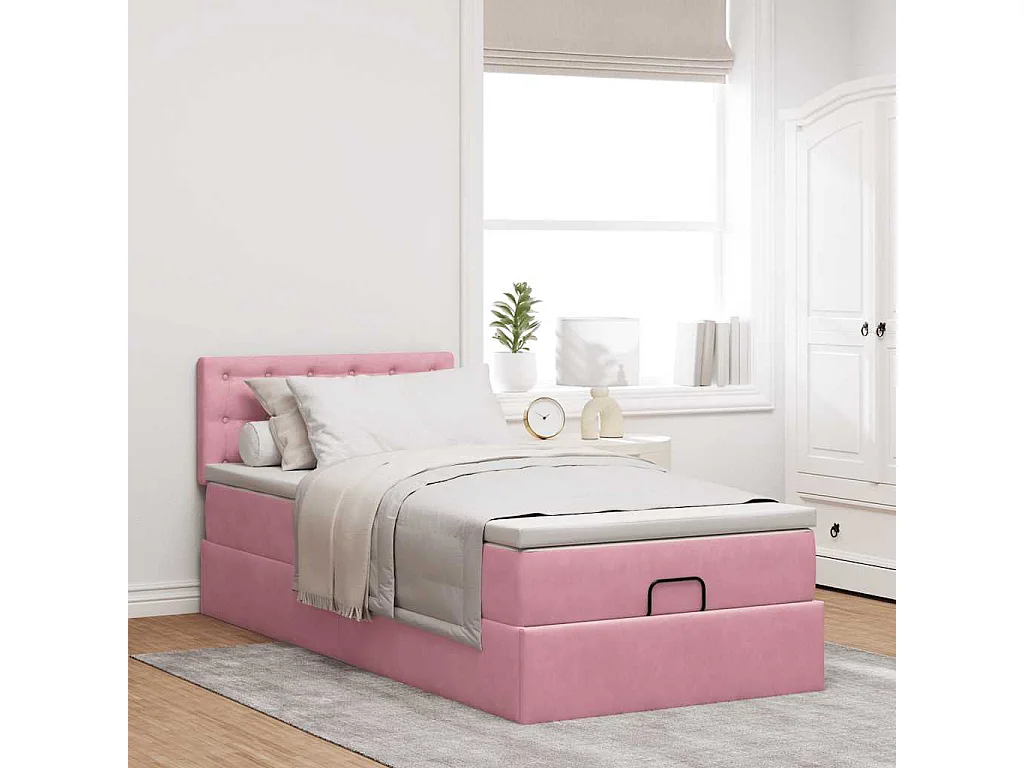 Struttura Letto Pouf con Materasso Rosa 100x200 cm Velluto
