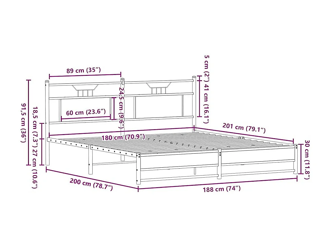 Estructura de cama sin colchón metal roble marrón 180x200 cm