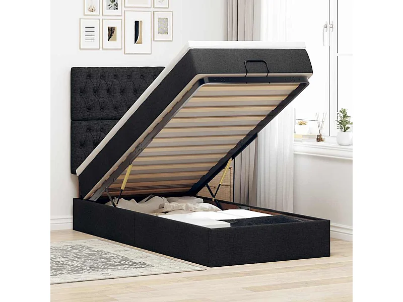 Pouf Letto con Materasso Nero 90x200 cm in Tessuto