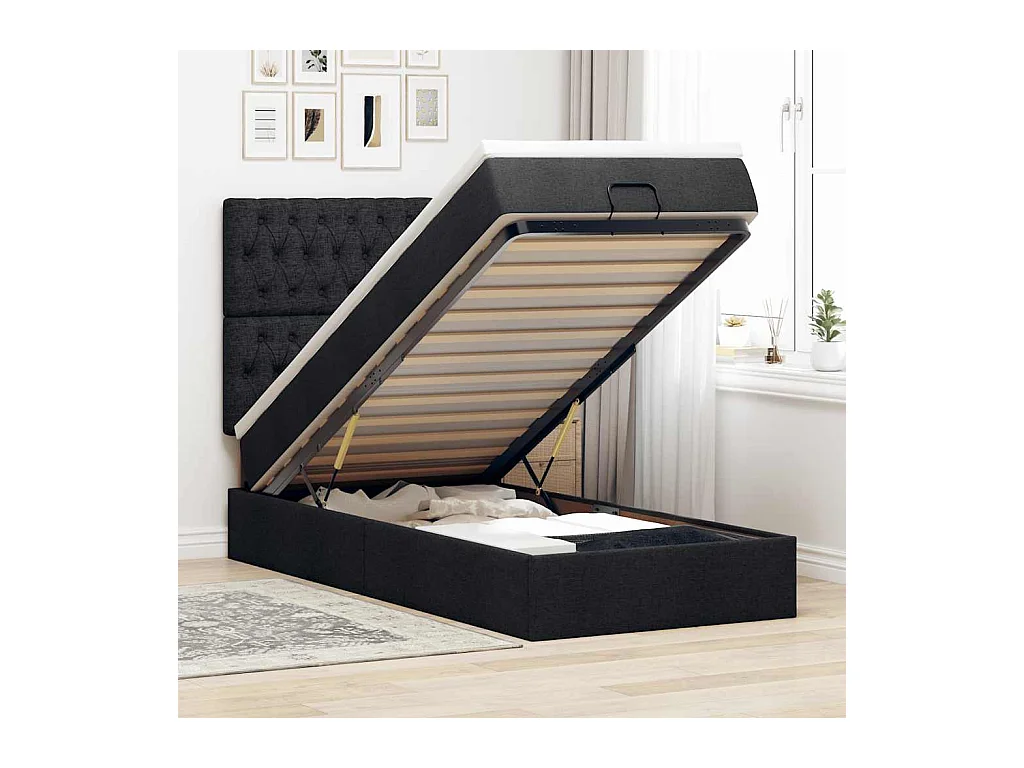 Lit ottoman avec matelas noir 90x200 cm tissu