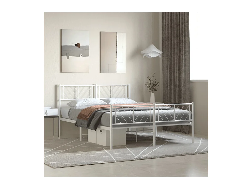 Cadre de lit métal sans matelas et pied de lit blanc 160x200 cm