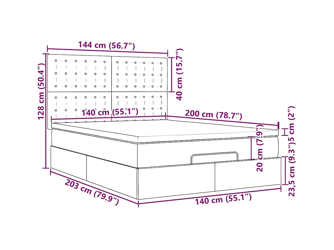 Cadre de lit ottoman et matelas gris clair 140x200 cm tissu