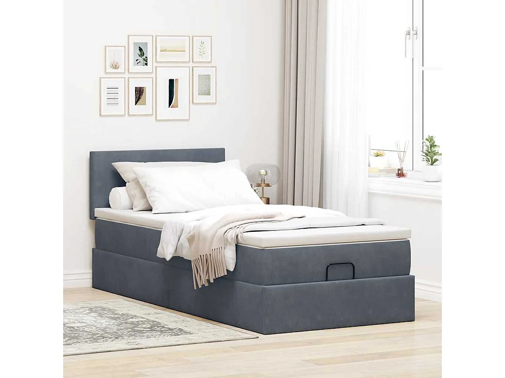 Estructura cama otomana colchón terciopelo gris oscuro