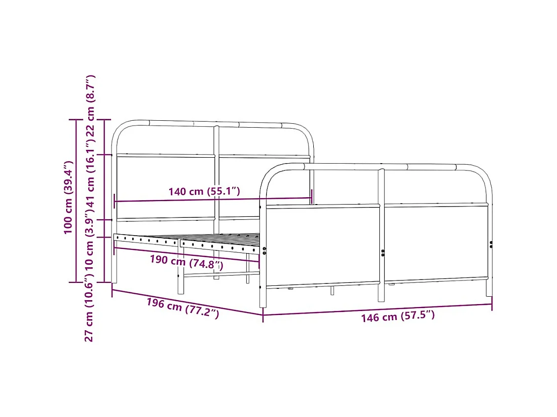 Estrutura de cama sem colchão 140x190 cm metal carvalho sonoma
