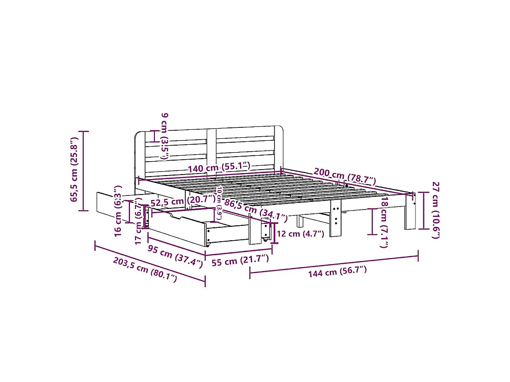 Cadre de lit sans matelas blanc 140x200 cm bois de pin massif