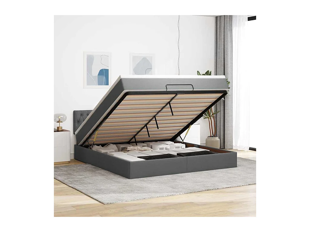 Cadre de lit ottoman avec matelas gris foncé 160x200cm tissu