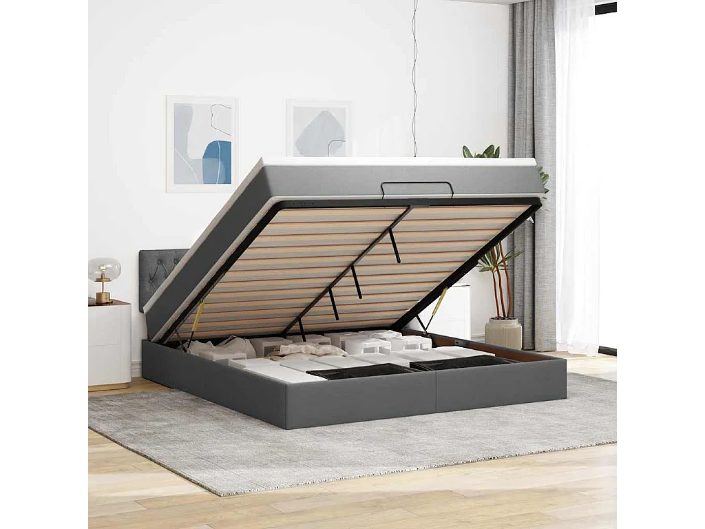Cadre de lit ottoman avec matelas gris foncé 160x200cm tissu