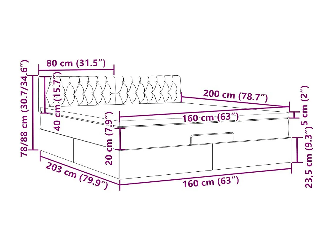 Cadre de lit ottoman avec matelas gris foncé 160x200cm tissu