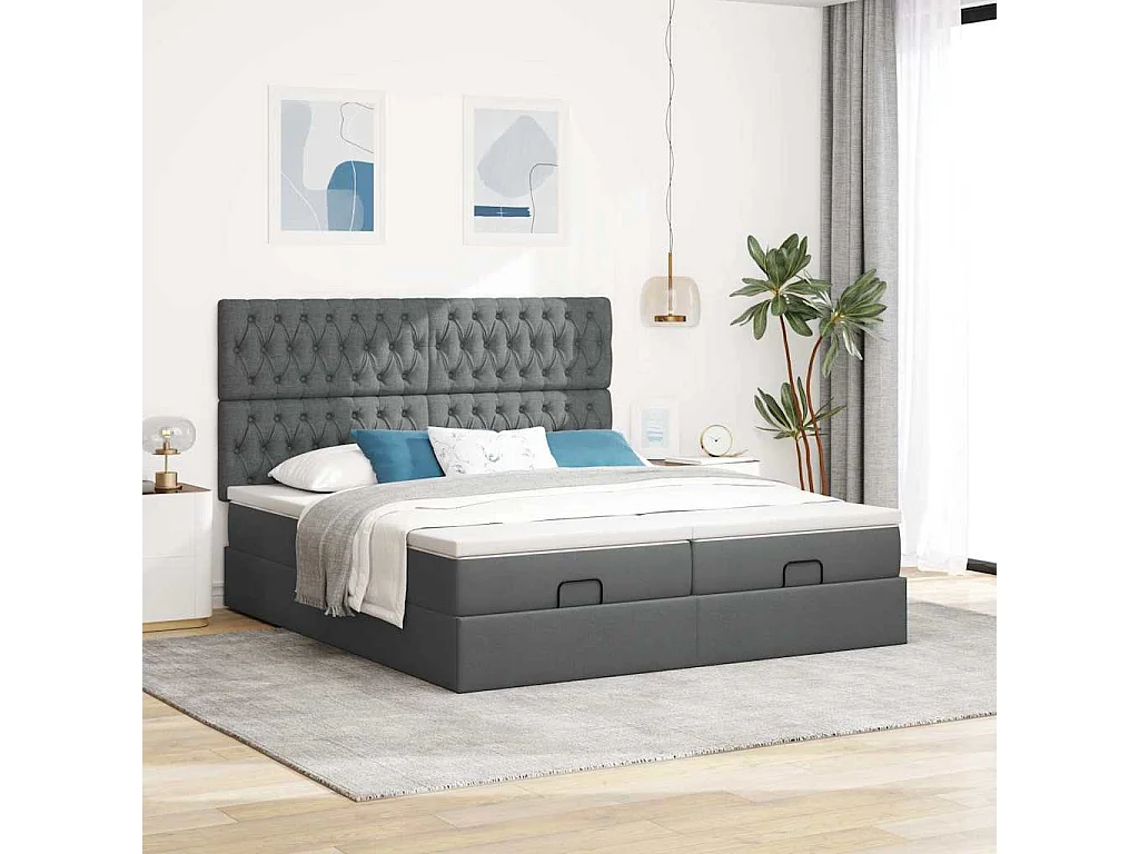 Estrutura de cama otomana com colchões tecido cinzento escuro