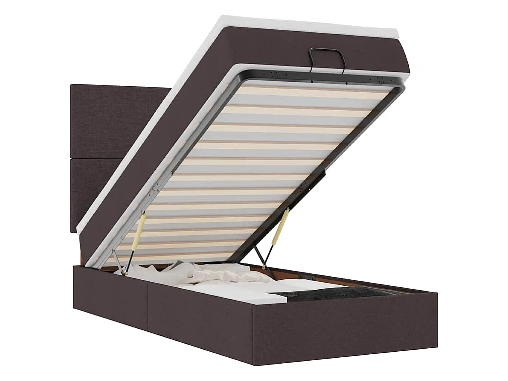 Cama otomana con colchón y LED tela marrón oscuro 90x200 cm