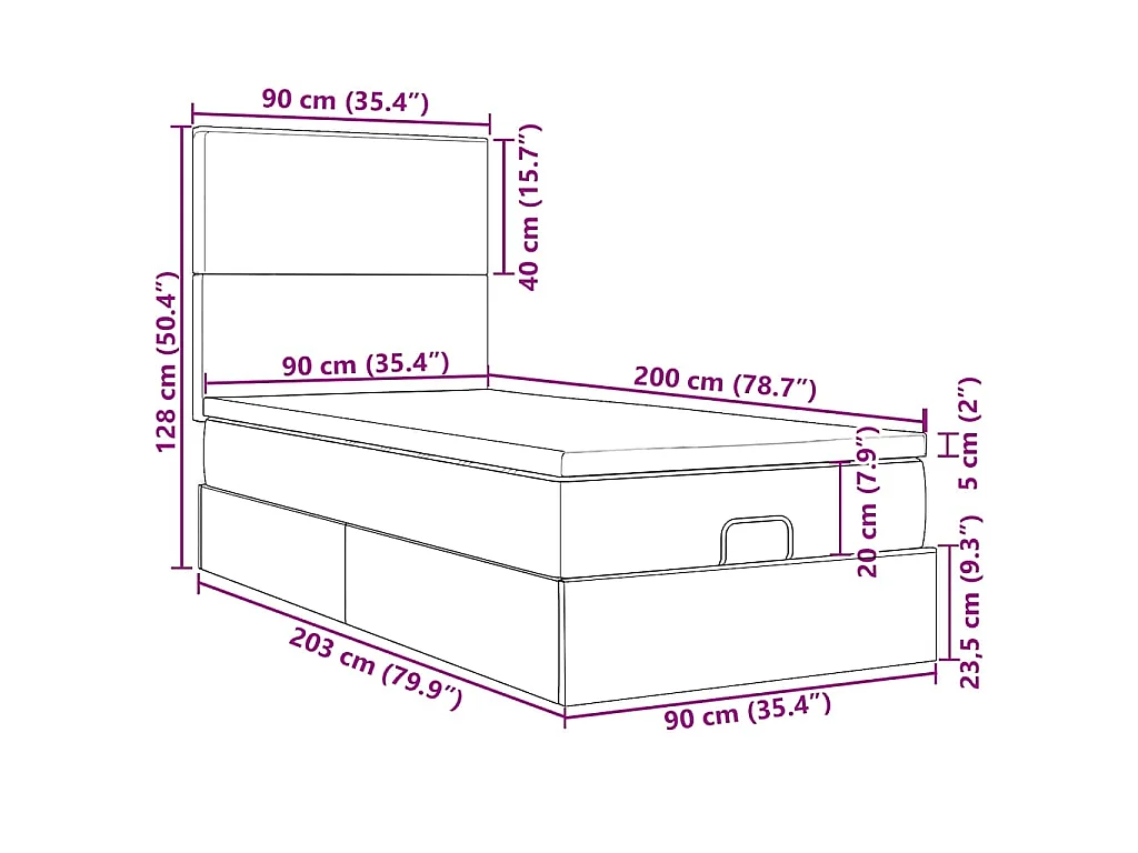 Cama otomana con colchón y LED tela marrón oscuro 90x200 cm