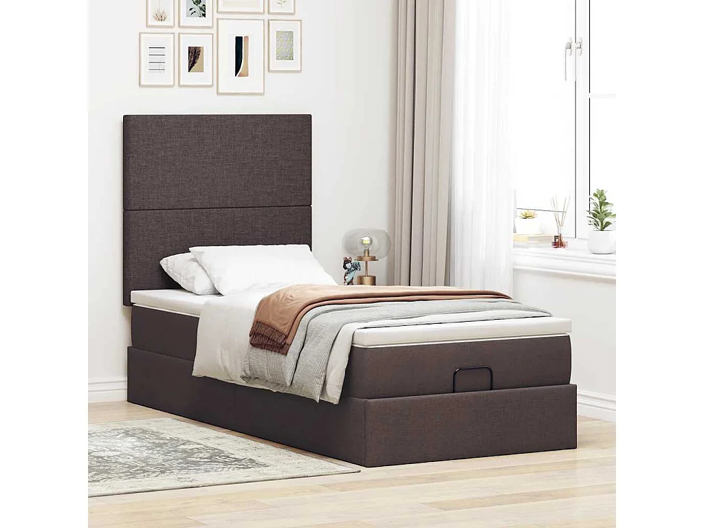 Cama otomana con colchón y LED tela marrón oscuro 90x200 cm