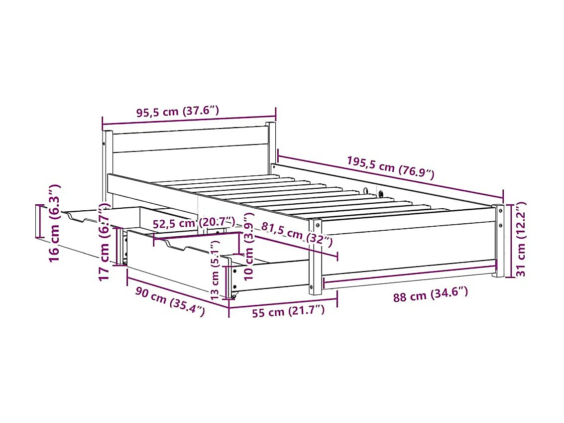 Cadre de lit sans matelas blanc 90x190 cm bois de pin massif