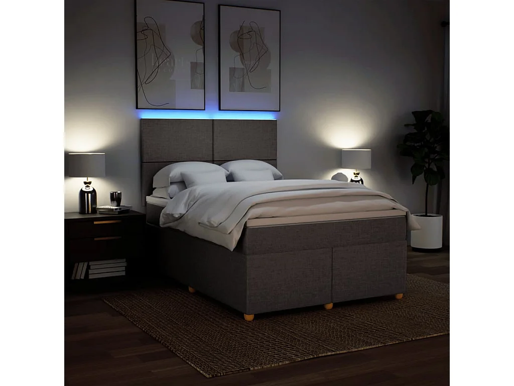 Cama box spring con colchón tela gris taupe 140x190 cm