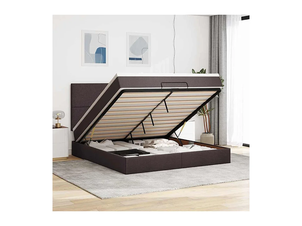 Cadre de lit ottoman avec matelas marron foncé 160x200 cm tissu