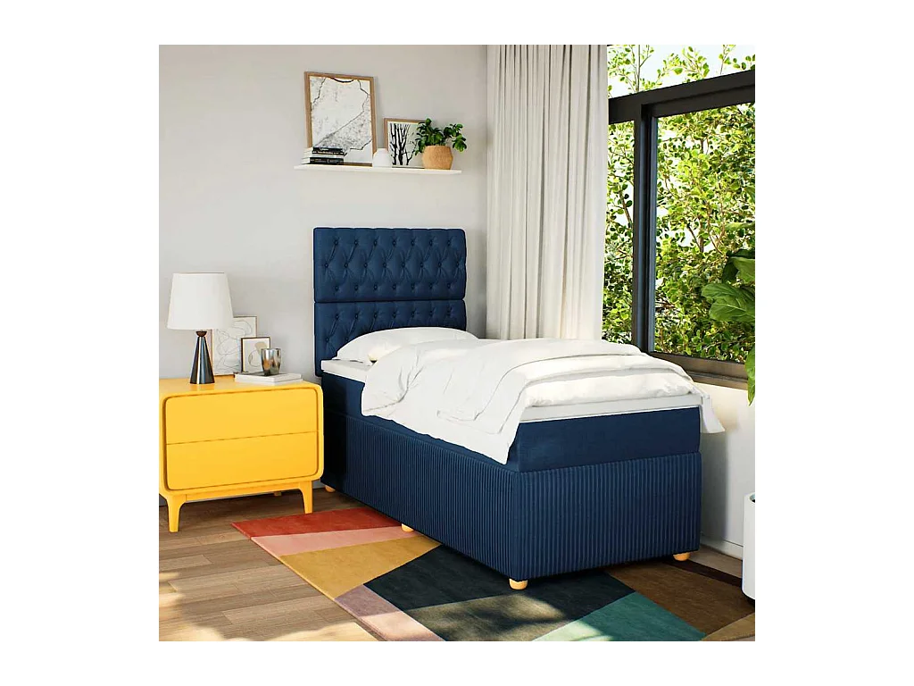 Sommier à lattes de lit avec matelas Bleu 100x200 cm Tissu