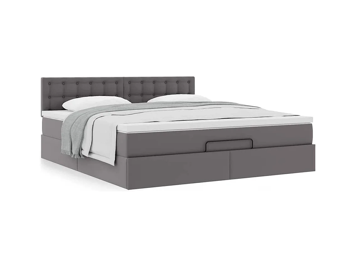 Estrutura de cama otomana com colchão cinza couro falso