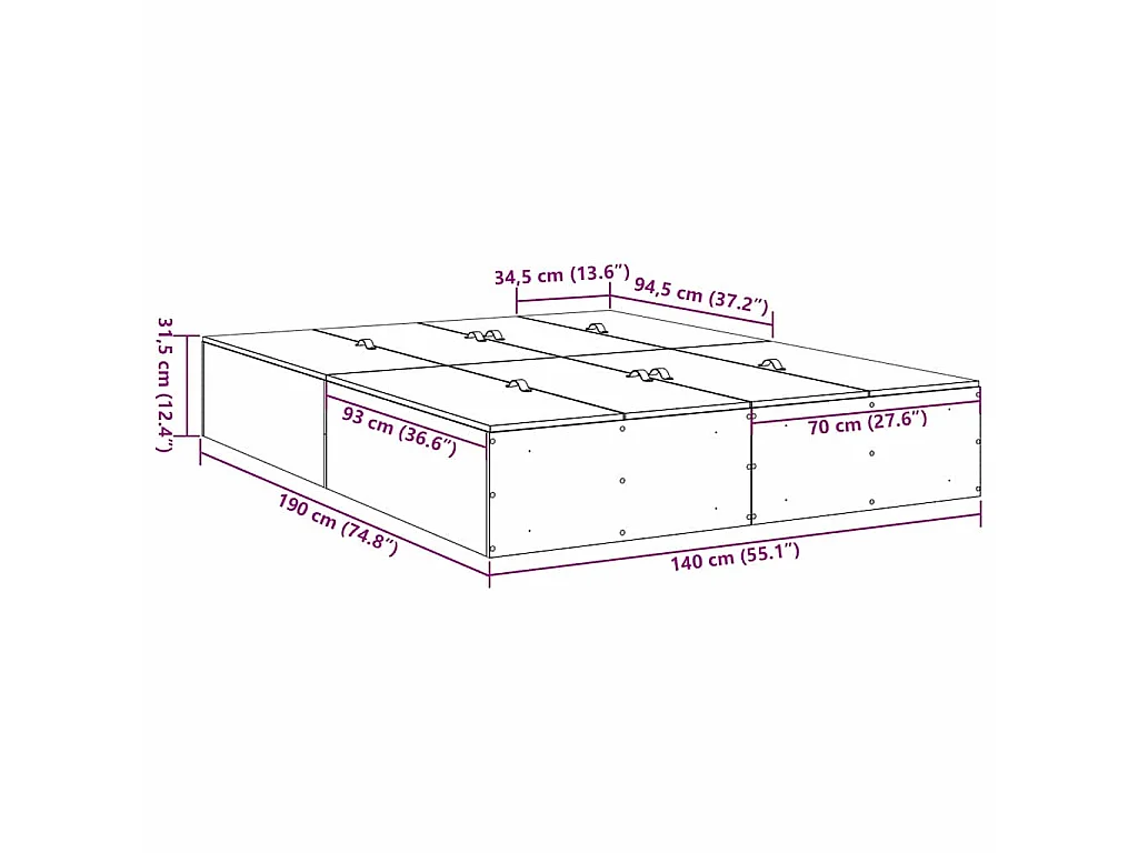 Cadre de lit avec rangement Chêne noir 140 x 190 cm