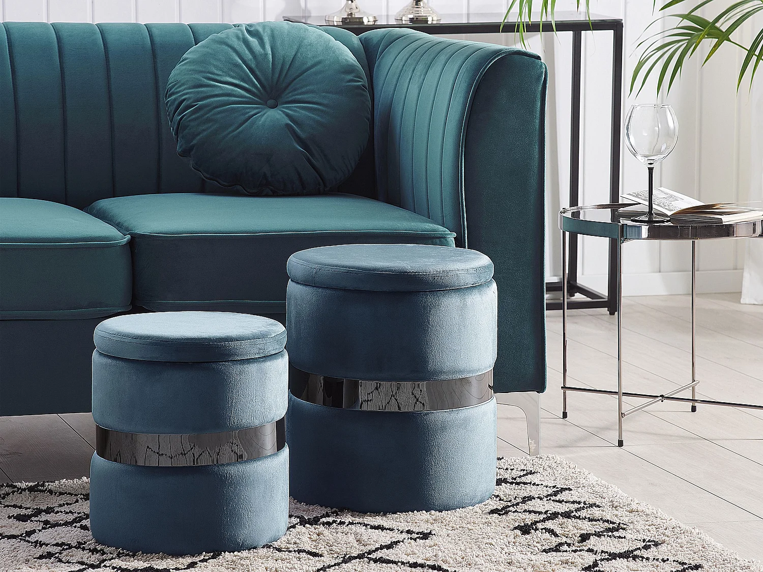 Lot de 2 poufs avec rangement DORIS Velours Bleu