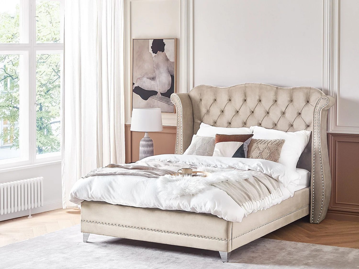 Bed Velvet AYETTE 140 x 200 cm (EU Double) Beige