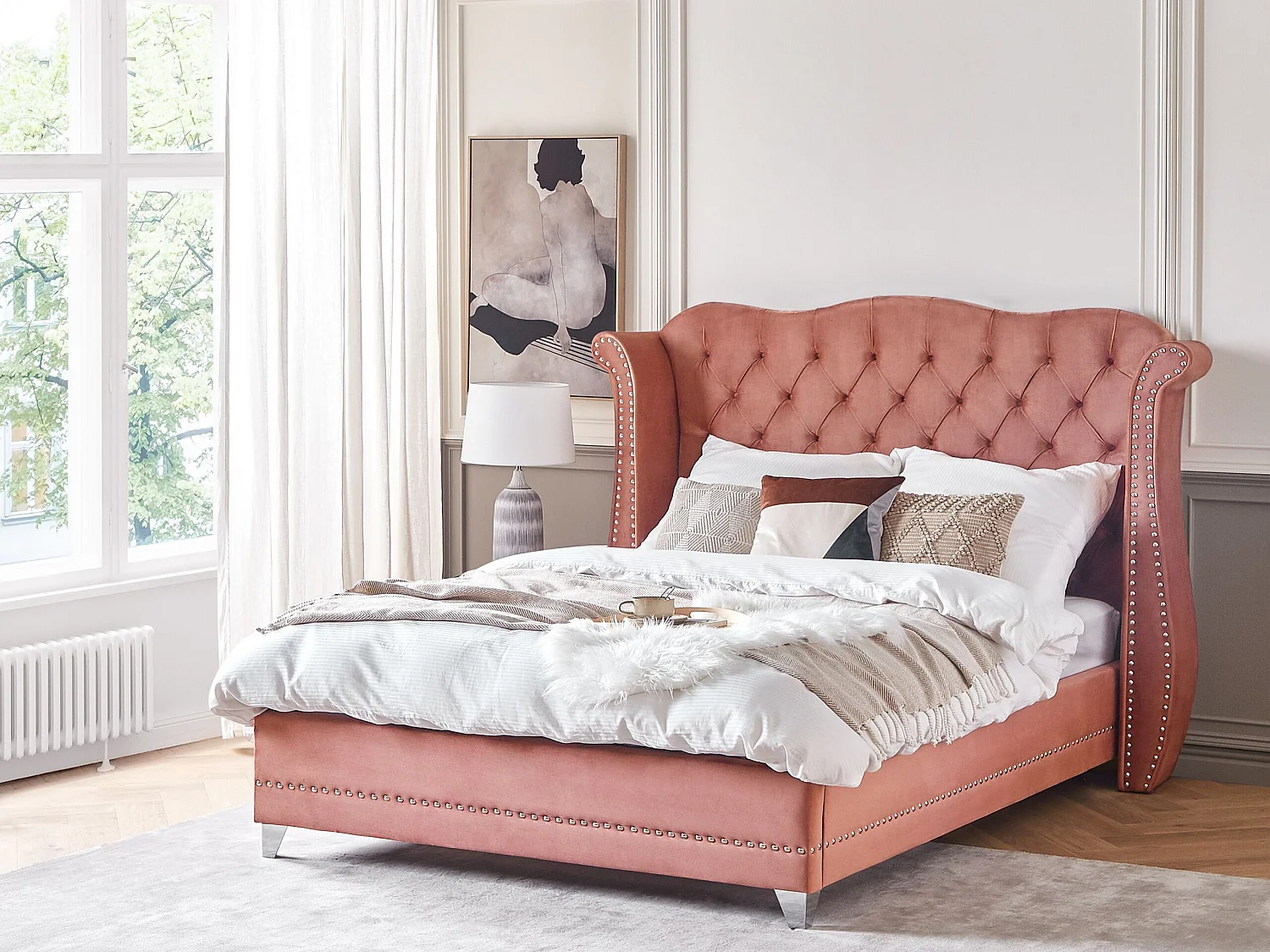 Bett Samtstoff im Chesterfield Stil hohes Kopfteil rosa 160 x 200 cm Ayette
