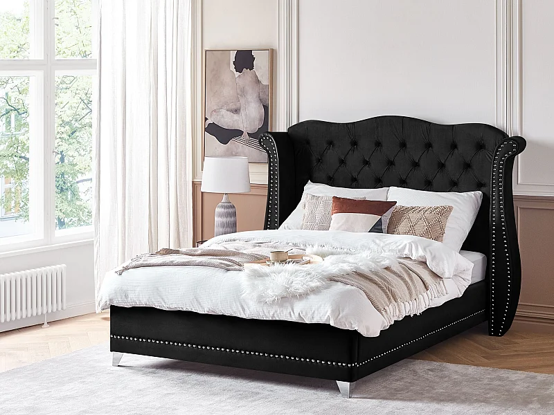 Bett Samtstoff im Chesterfield Stil hohes Kopfteil schwarz 160 x 200 cm Ayette