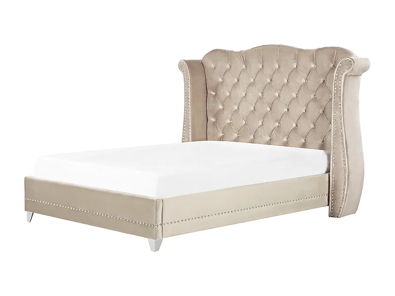 Bett Samtstoff im Chesterfield Stil hohes Kopfteil beige 180 x 200 cm Ayette