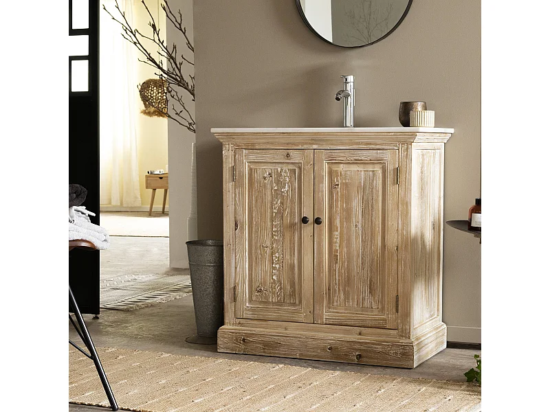 Meuble sous vasque en pin recyclé blanchi Gemma