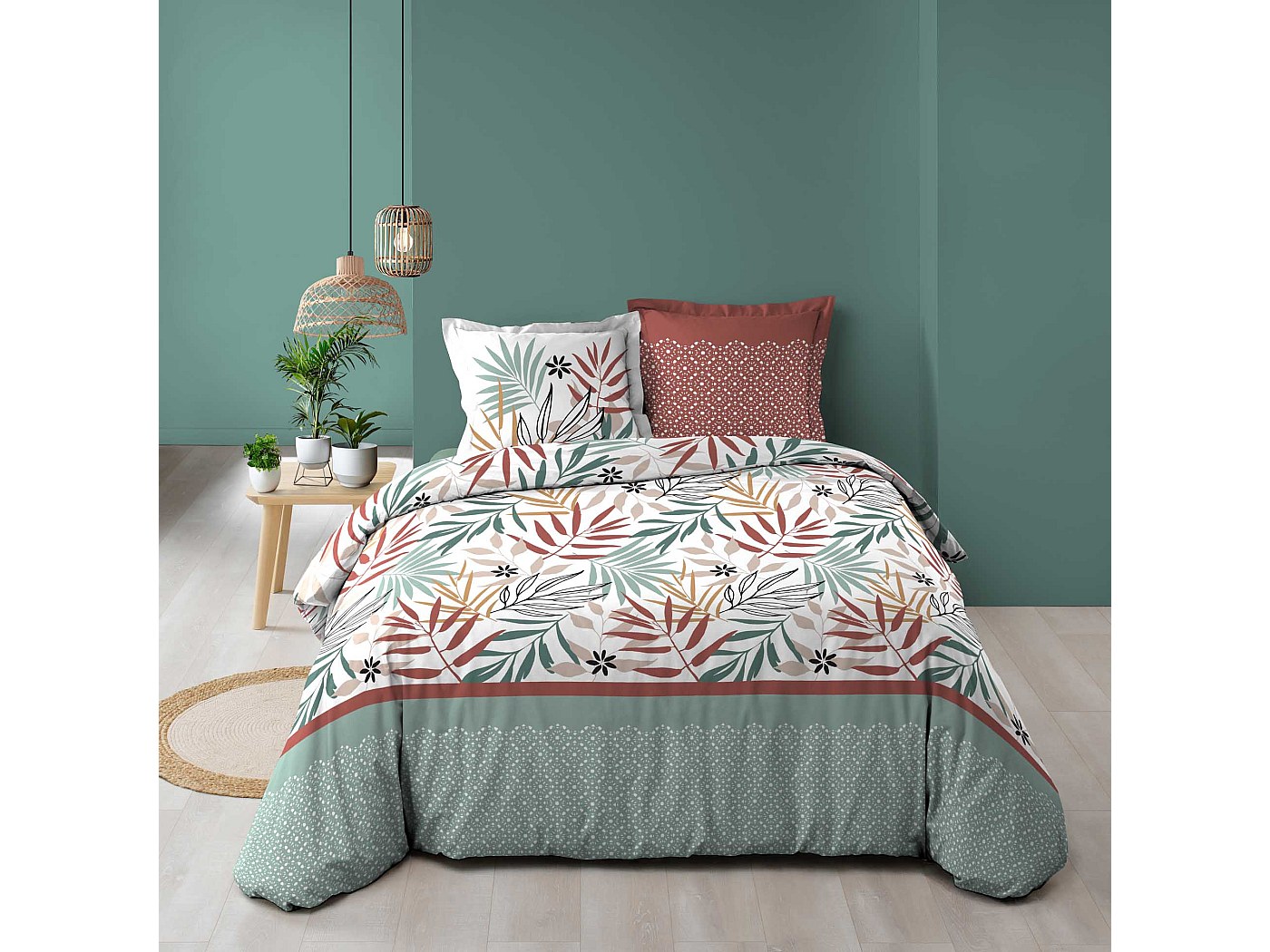 Housse de couette 260x240 Mogador vert + 2 taies coton 42 fils - Vert