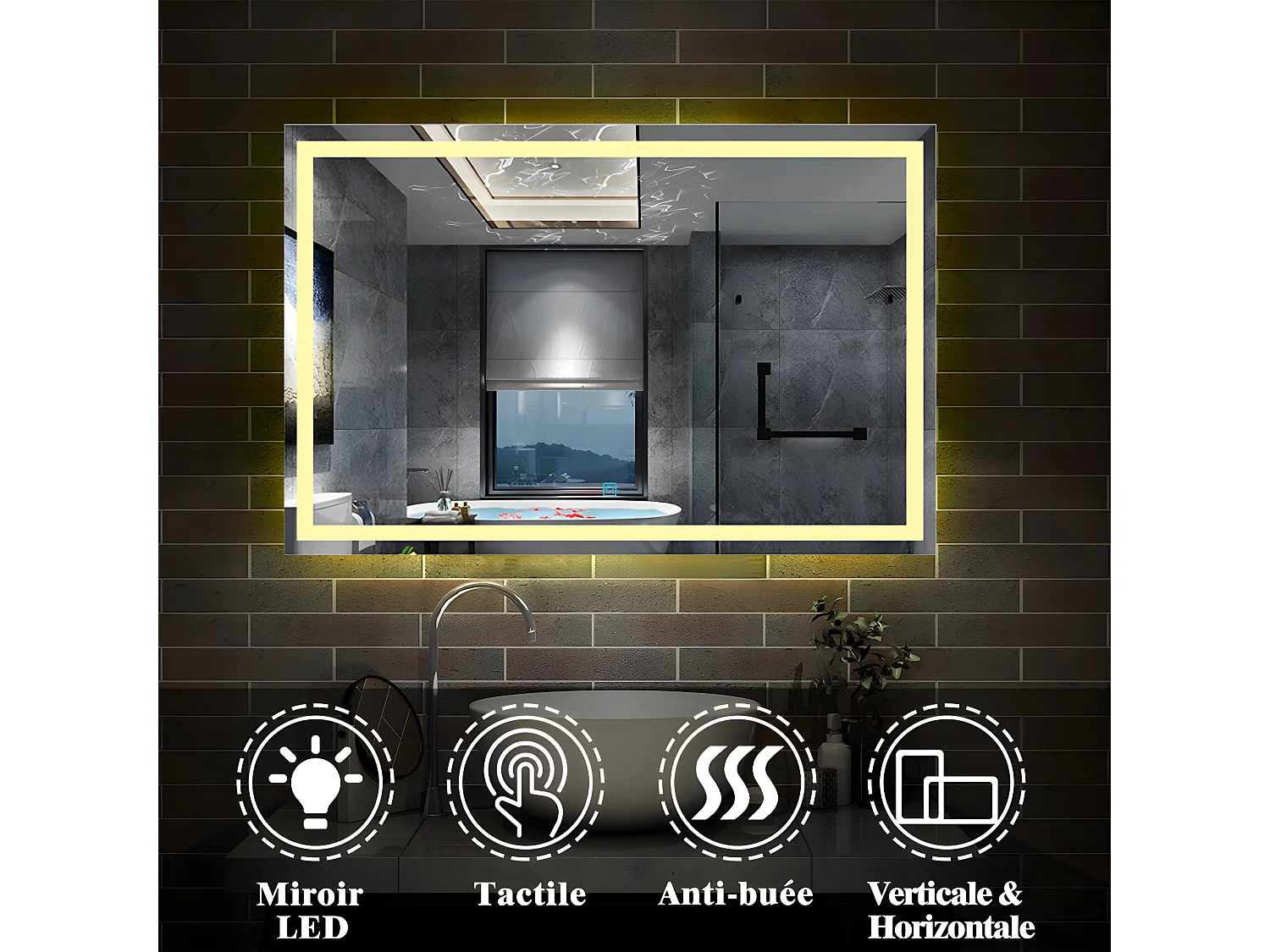 Miroir de salle de bain anti-buée 120x80cm avec le lumière chaude Aica