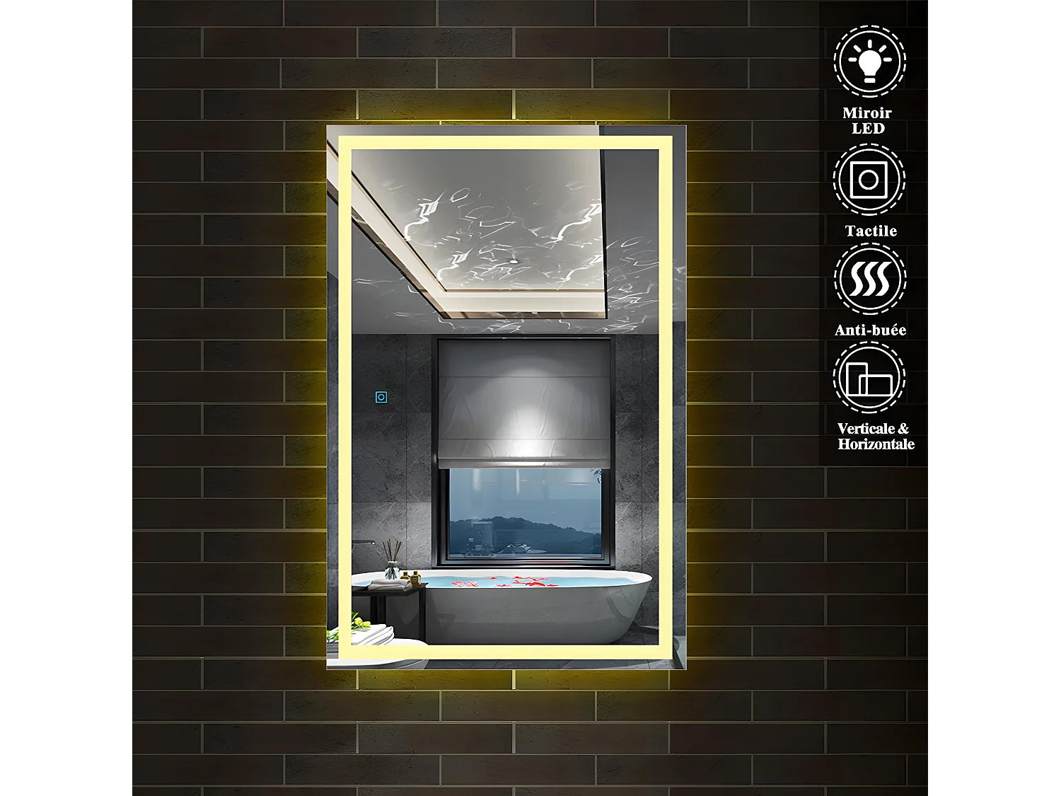 Miroir de salle de bain anti-buée 120x80cm avec le lumière chaude Aica