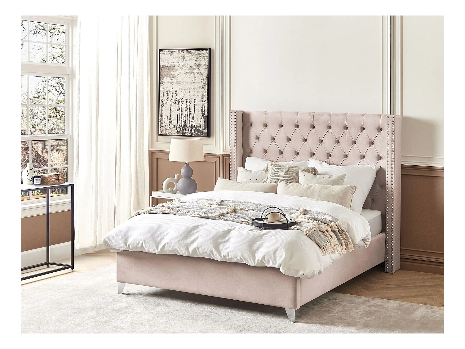 Lit avec sommier Velours LUBBON 140 x 200 cm Rose pastel