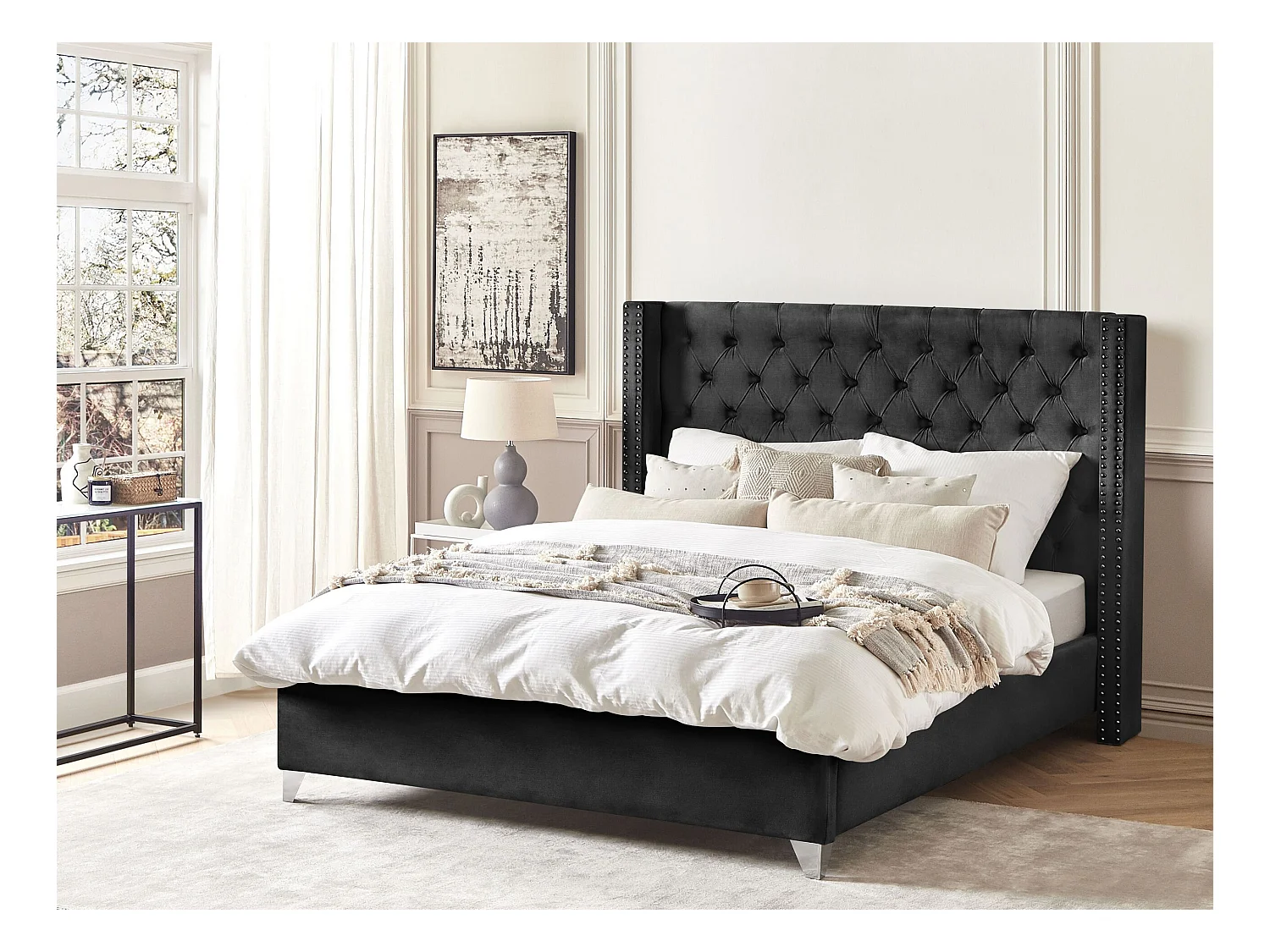 Bequemes Bett Samtstoff hohes Kopfteil in Schwarz 180 x 200 cm Lubbon