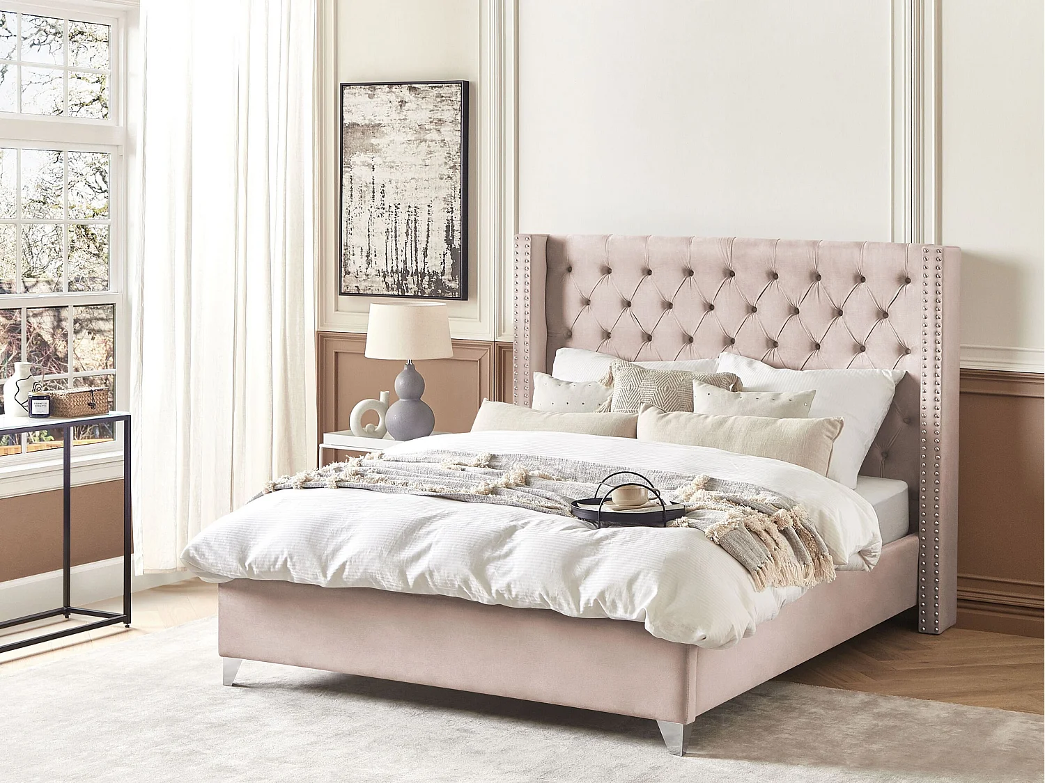 Lit avec sommier Velours LUBBON 160 x 200 cm Rose pastel