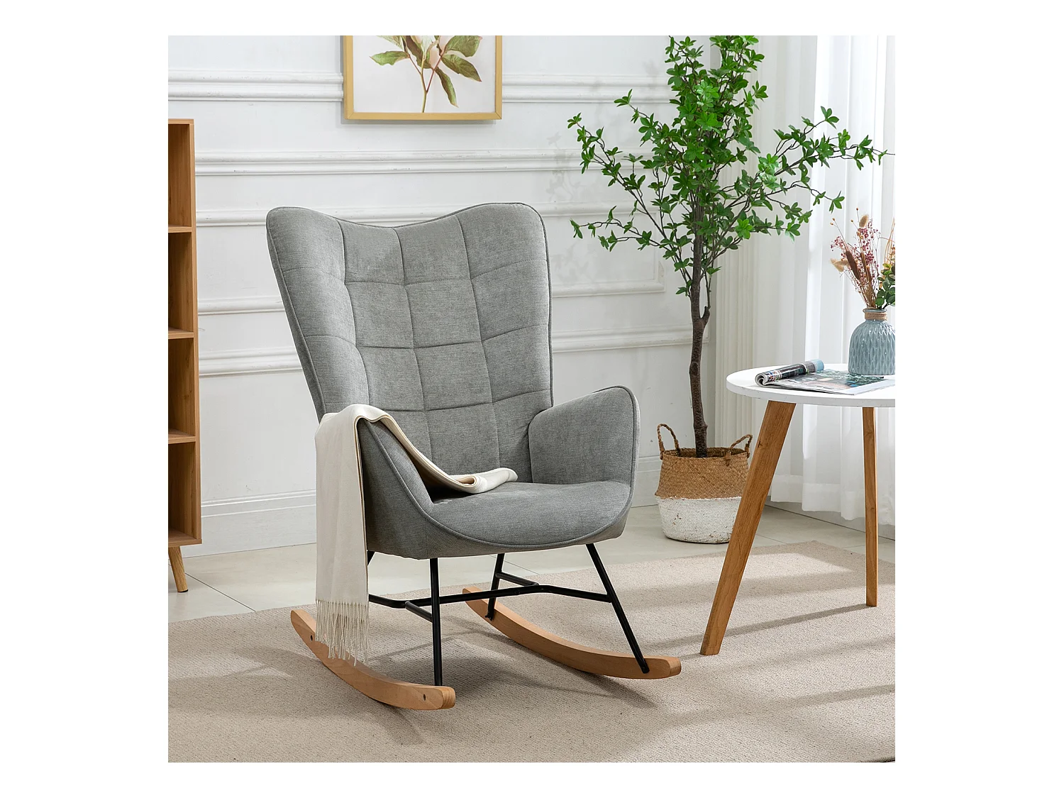 MEUBLES COSY Fauteuil à Bascule Allaitement Scandinave Chaise Loisir et Repos en Tissu avec Pieds en E' Bois Métal pour Salon, Chambre, Massif, Gris, 66x84x97cm