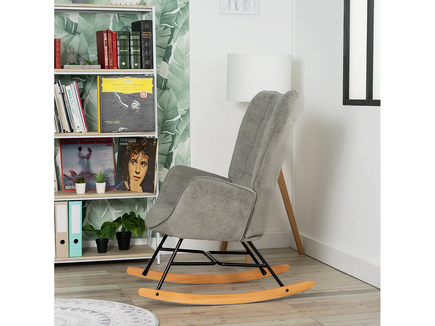 MEUBLES COSY Fauteuil à Bascule Allaitement Scandinave Chaise Loisir et Repos en Tissu avec Pieds en E' Bois Métal pour Salon, Chambre, Massif, Gris, 66x84x97cm