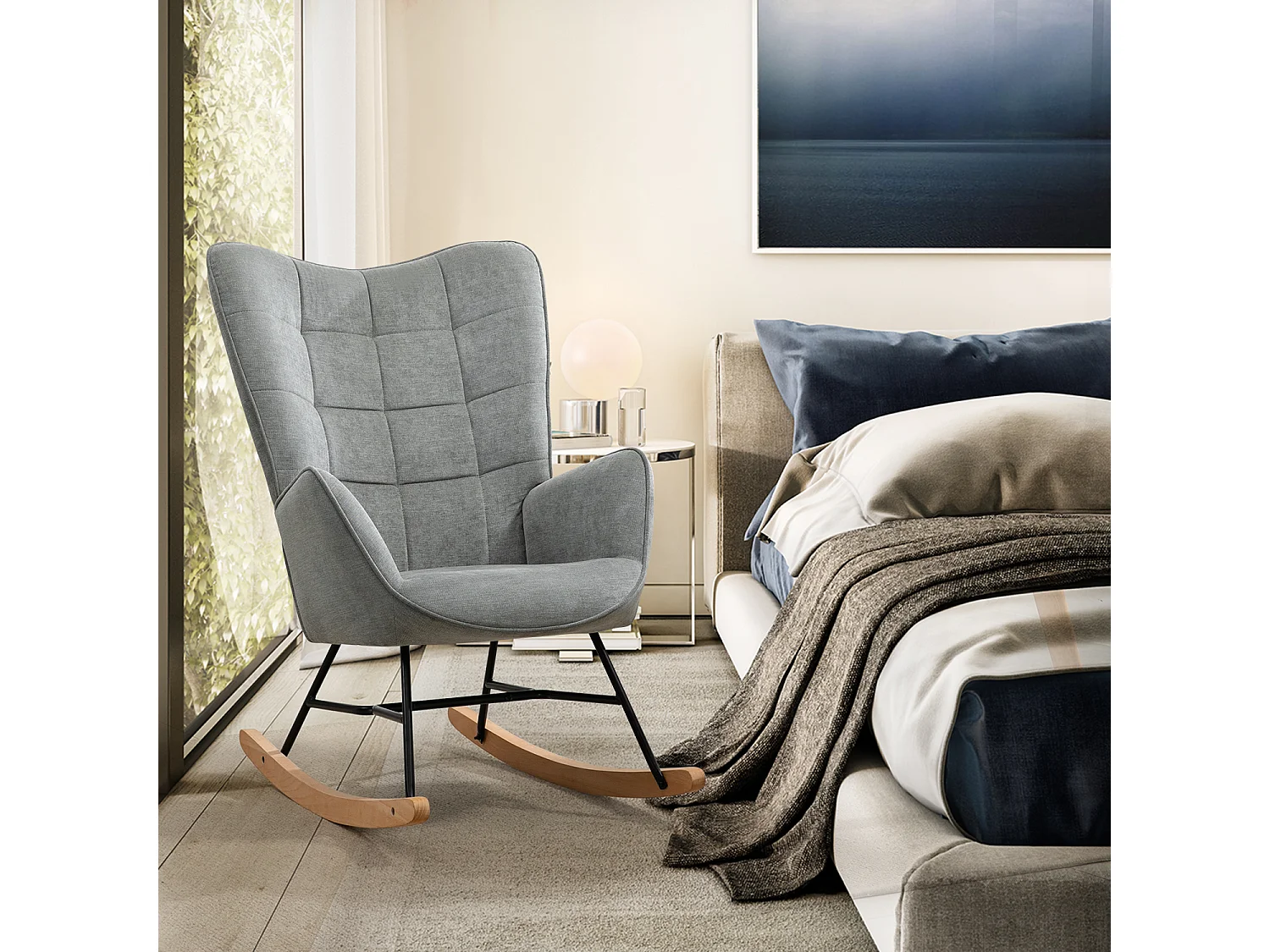 MEUBLES COSY Fauteuil à Bascule Allaitement Scandinave Chaise Loisir et Repos en Tissu avec Pieds en E' Bois Métal pour Salon, Chambre, Massif, Gris, 66x84x97cm