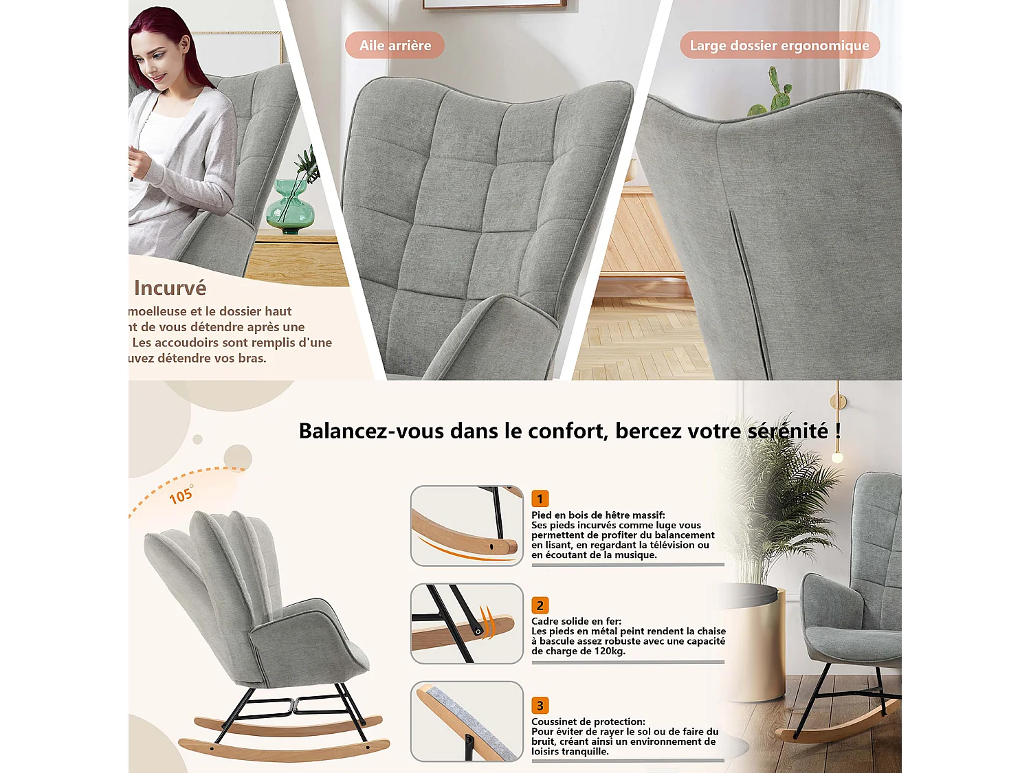MEUBLES COSY Fauteuil à Bascule Allaitement Scandinave Chaise Loisir et Repos en Tissu avec Pieds en E' Bois Métal pour Salon, Chambre, Massif, Gris, 66x84x97cm