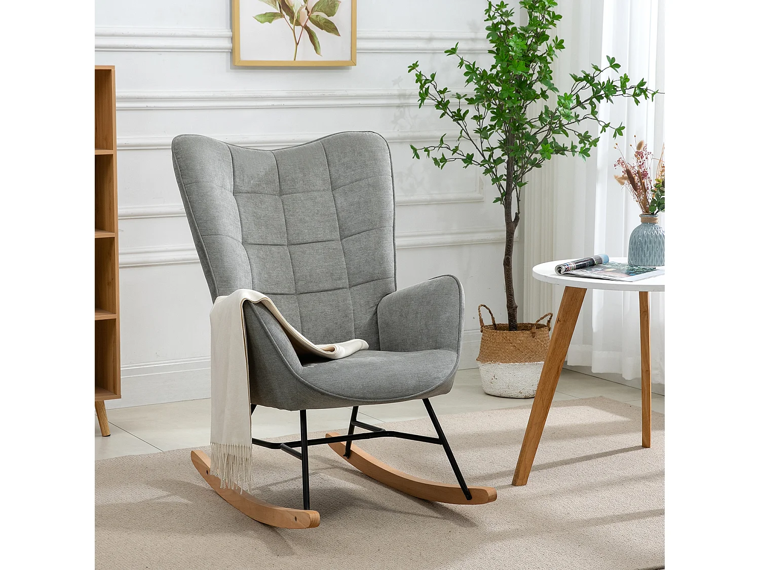 MEUBLES COSY Fauteuil à Bascule Allaitement Scandinave Chaise Loisir et Repos en Tissu avec Pieds en E' Bois Métal pour Salon, Chambre, Massif, Gris, 66x84x97cm