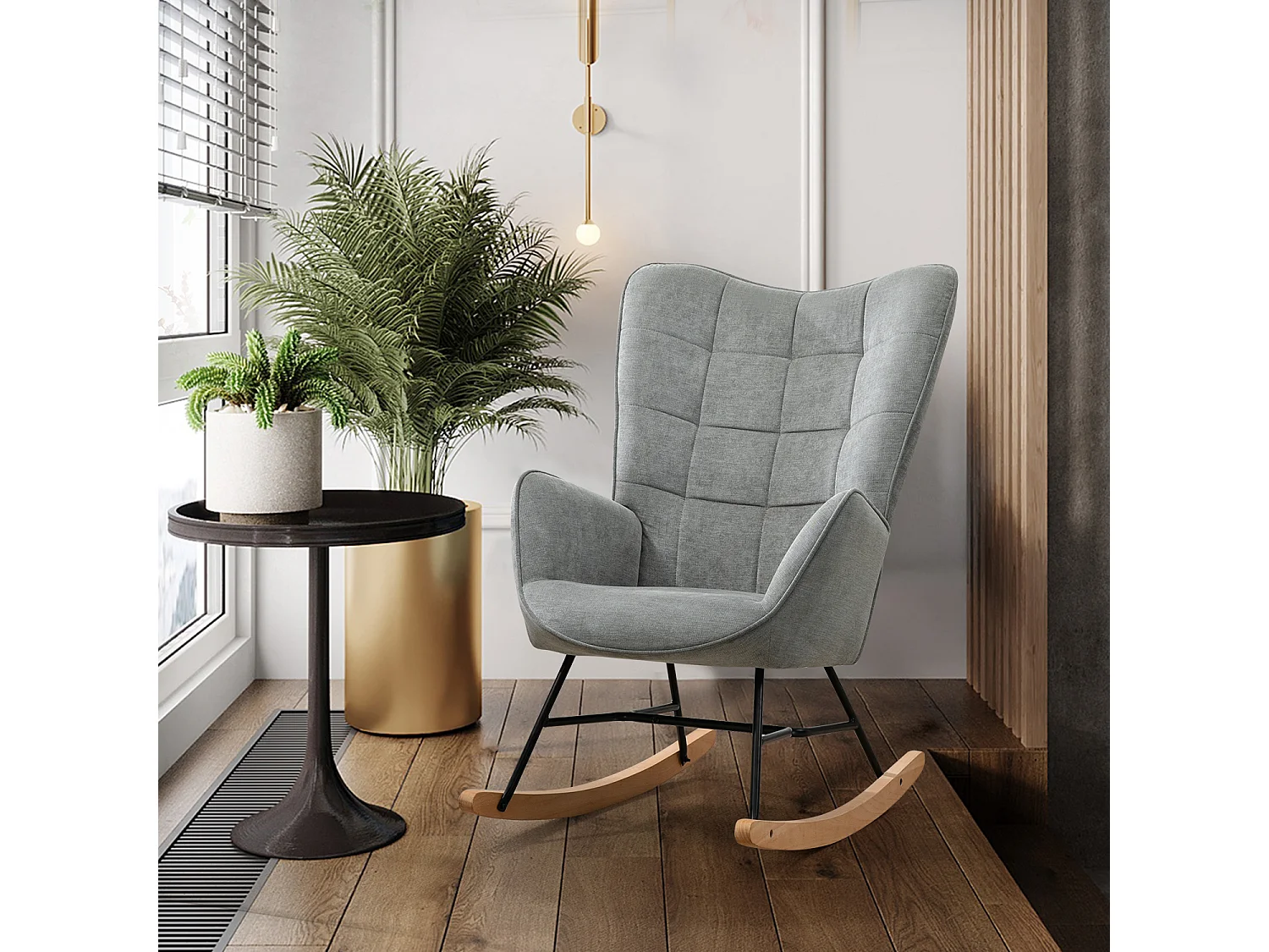 MEUBLES COSY Fauteuil à Bascule Allaitement Scandinave Chaise Loisir et Repos en Tissu avec Pieds en E' Bois Métal pour Salon, Chambre, Massif, Gris, 66x84x97cm